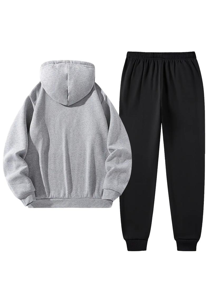 Men'S Complete Outfit - Stylish Hooded Sweatshirt & Joggers Set with "BLACK" Print, Gray Casual Streetwear, Long Pants, and Matching Hoodie, Perfect for Fall/Winter, Cozy Clothing | Sporty Look | Nonstretch Fabric