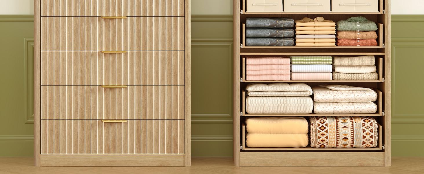 Modern Wooden  Fluted Dresser with 9 Drawers 53'' Wide Farmhouse Dressers with Faux Marble Top Wood Chests of Drawers with Gold Handle & Curved Profile Dresser for Bedroom  Cupboard