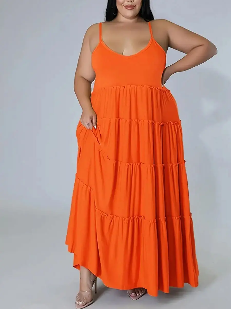 Women's Curvy Dresses Plus Size Casual Maxi Sundress - Solid Soft Lightweight Polyester Blend Fabric, Spaghetti Straps, Tiered Skirt, Pockets, Sleeveless, Breathable, Minimalist Style, Elastane, Beach Outings Wear