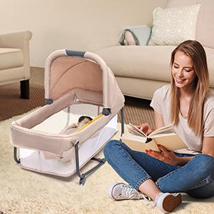 JOYMOR Twin Bassinet for Baby, Bedside Bassinet, Convertible to Bedside Sleeper & Playpen Foldable Portable Sleeping Cot with Wheels & Brake
