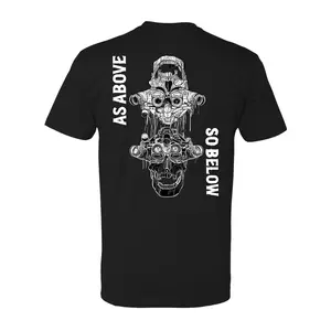 As Above So Below Tactical T Shirt With Dual Skull Night Vision Graphic, Tactical Military Streetwear Featuring NVG Skull Art And Dark Symbolism, Hardcore Tactical Apparel For Men Who Embrace Balance Power And Warrior Mindset