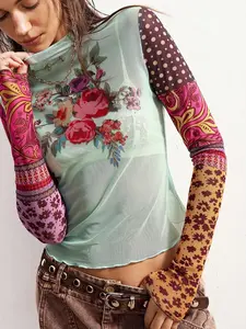 Bohemela Women's Floral Print Color Block Stand Collar Long Sleeve Top