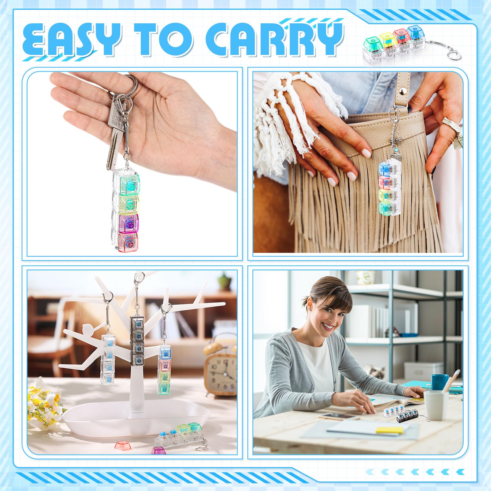 4/5 Pcs Keyboard Fidget, 4-In-1Decompression Button Keychain, Stress Relief Finger Clicker in 5 Styles, Valentines Galentines Gift for Office School Home to Pass The Time, Galentine Party Favor Valentine Basket Filler