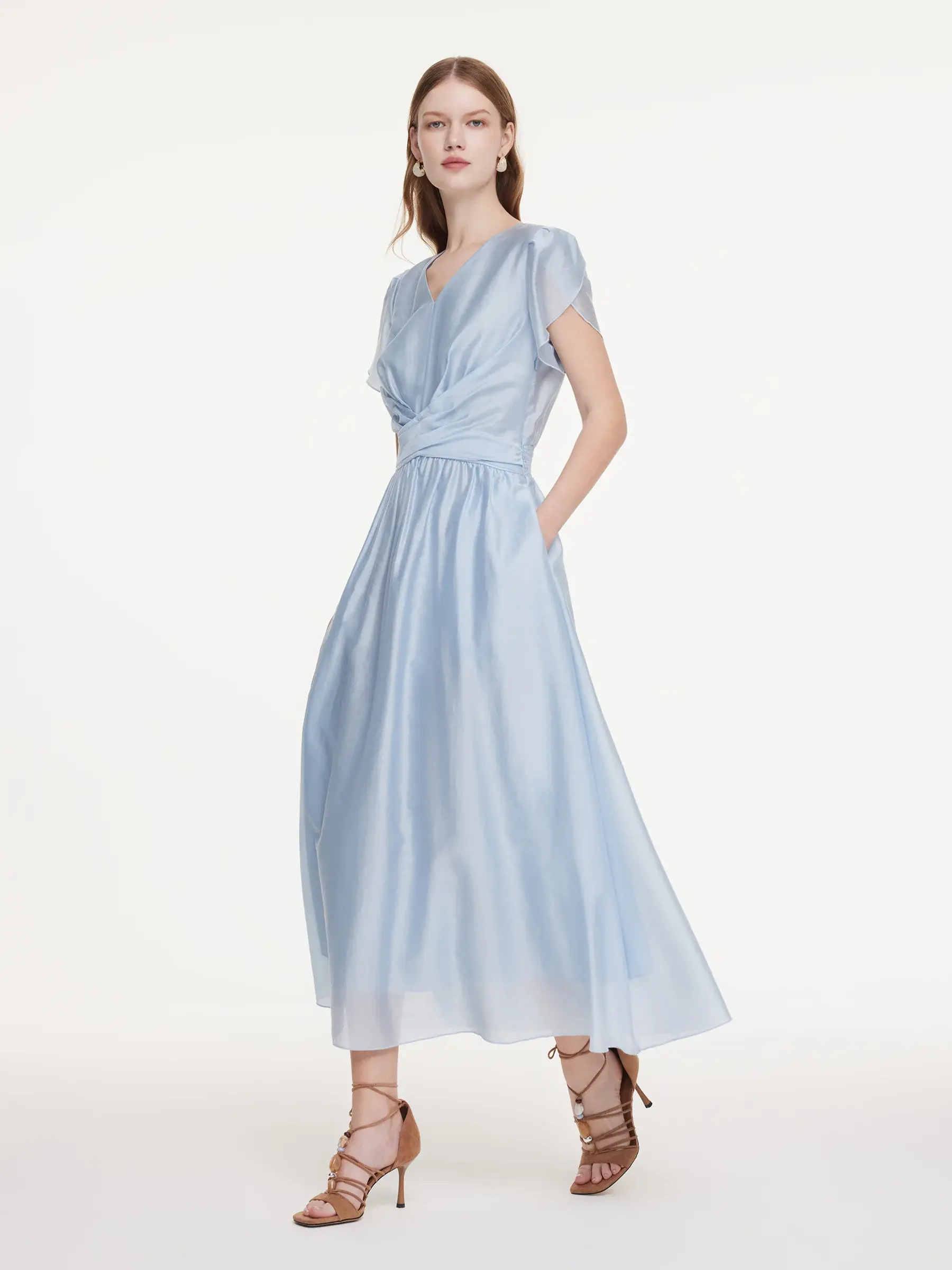 GOELIA Women's Tencel Blend Casual Fashion Dress - Twist Front, V-Neck, Maxi Length, Fit Clothes, Hand Wash, Cool Iron
