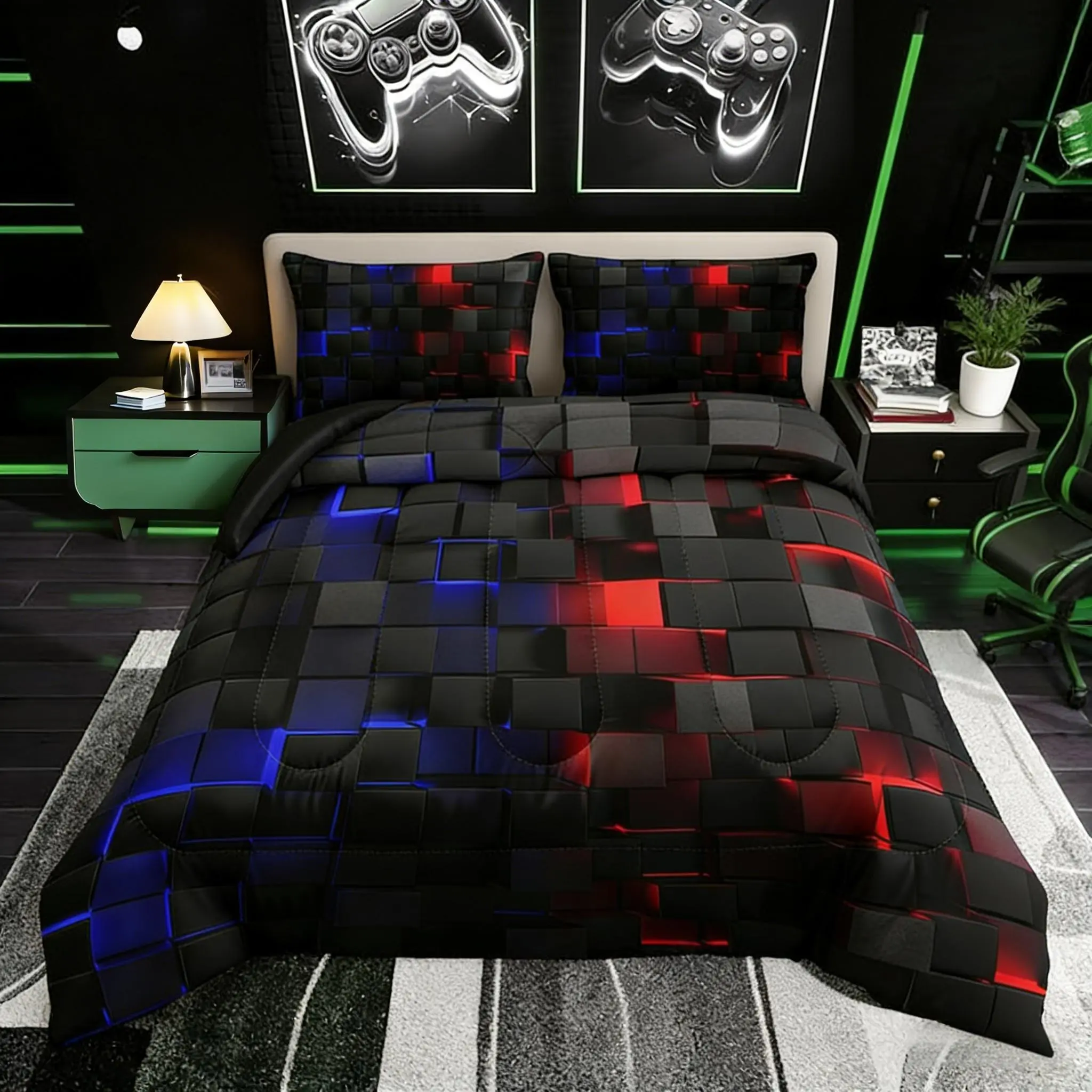 3pcs Modern Bedding Set - Red Black Geometric Grid Digital Print Comforter with 2 Pillow Shams, All Seasons Futuristic Tech Vibes Bedding for Adults, Ideal for Bedroom Decor & Family Gifting