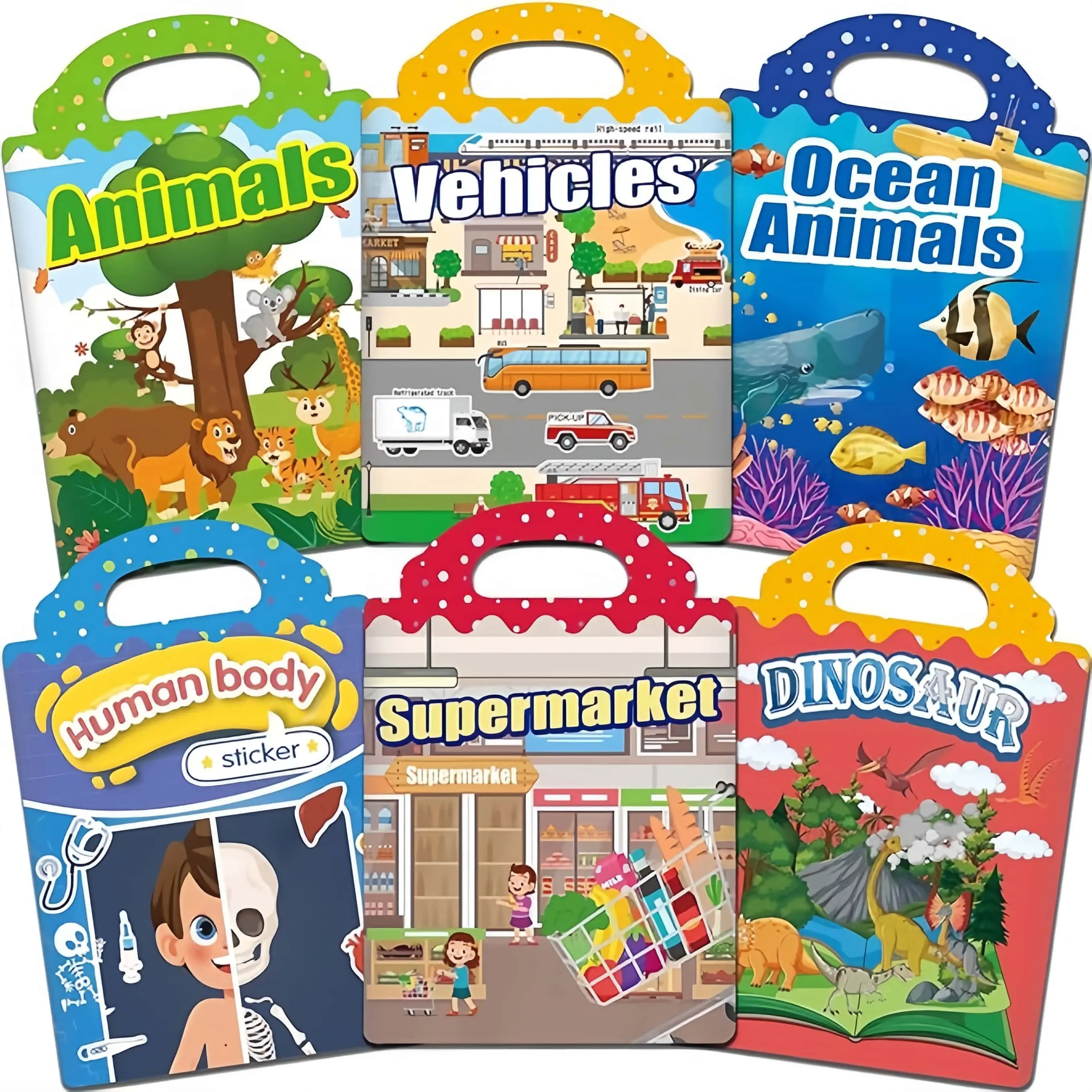 Reusable Waterproof 6-Pack Sticker Books for Toddlers Quiet Travel Activity | Mess-Free Jelly Stickers for Car & Plane | Gift for 2 3 4 5 Year Olds