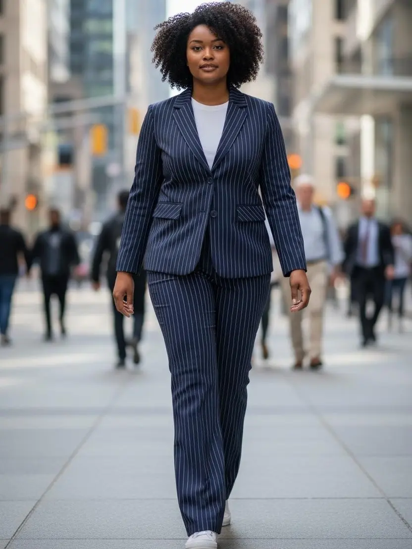 Women's 2-Piece Striped Tailored Slim Fit Business Suit - Long Sleeve Padded Shoulders Collared Neck Navy Blazer, Matching Fitted Polyester Trousers, Dry Clean, All Seasons Ready-to-Wear Womenswear