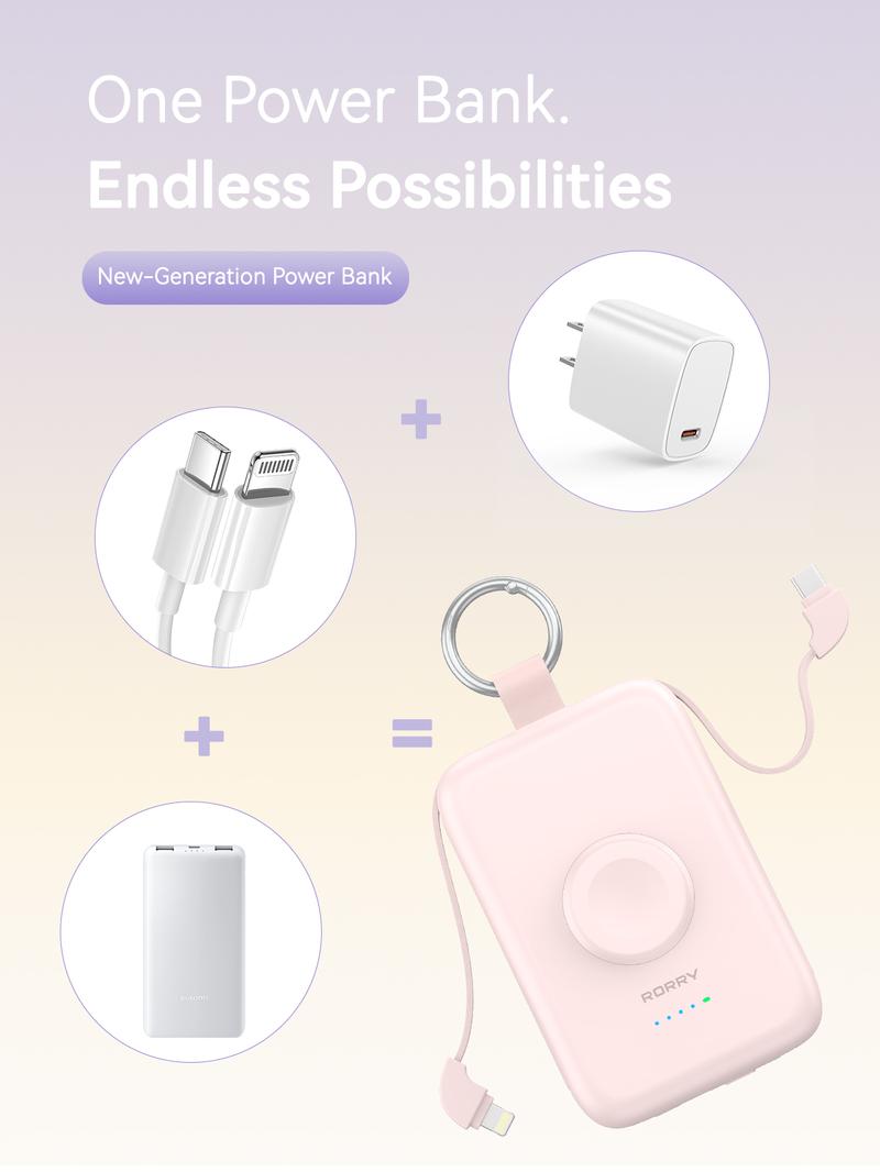 RORRY Portable Charger 10000mAh PD 20W Fast Charging Multifunctional Power Bank with Built-in Cables for Apple Watch & iPhone Compact Keychain Design Gift Idea Valentinesdaygift