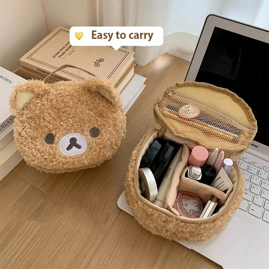 Cute Anime Bear Plush Cosmetic Pouch Set for Women, Large Capacity Waterproof Makeup Organizer for Travel, Dustproof, Chic, Modest, Multi-Function, Preppy, None, A
