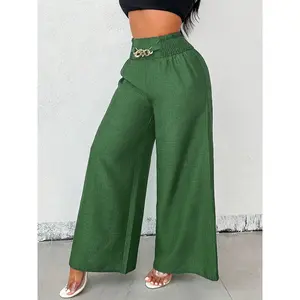 A pair of women's solid-color zipper-enclosed high-waisted stretchable loose-fitting slimming wide-leg trousers that are versatile and suitable for all occasions.