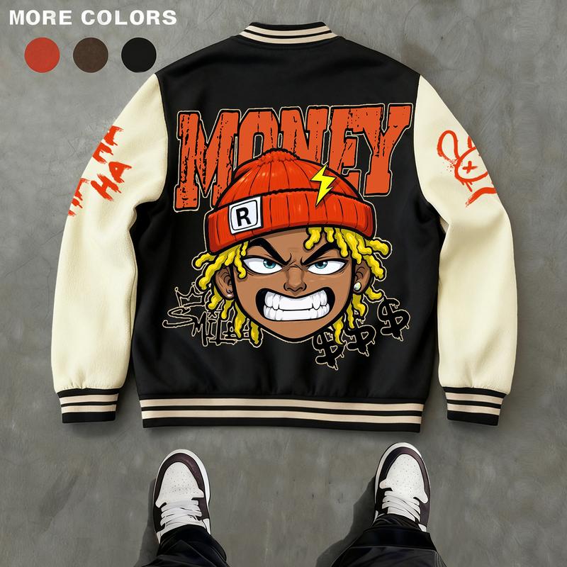 Men's Baseball Jacket Polyester Durable Wind-Resistant Orange & Apricot Colorblock Money, BOY, Rabbit, "$" Graphic Varsity Coat Y2K Vintage Retro Classic Old-School Casual Sports SWAG Streetwear Light Fleece-Lined Winter Jacket Trendy Gift for Boyfriend