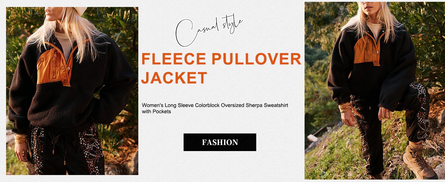 Mundoven Womens Fuzzy Fleece Pullover Sherpa Sweatshirt Long Sleeve Button Down Sweater Winter Fleece Jacket with Pockets Womenswear