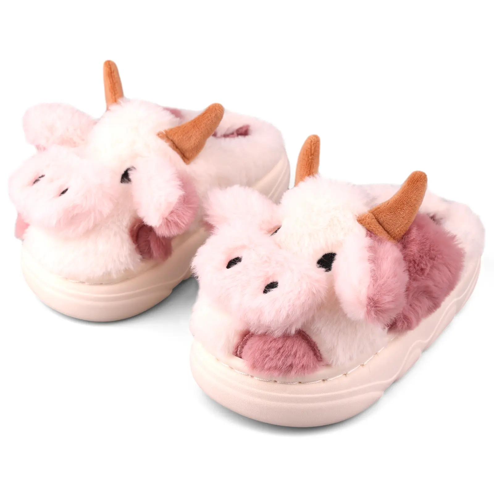 DIOLV Kids' & Women's Cute Cow Plush Casual Slide Slippers - Autumn Winter Soft Cotton Memory Foam-Soled, Less Than Ankle, Flexible House Footwear for Bedroom, Christmas, Thanksgiving, Plush for Daily Use, US 7.5-8.5 Women/6.5-7 Men Thoughtful Gift, Cooki