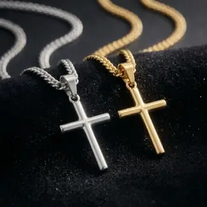 Premium Stainless Steel Gold Cross Pendant Necklace for Men 21in Waterproof Elegant Design Casual Christianity Jewelry Minimalist Chain, Changeable Chain