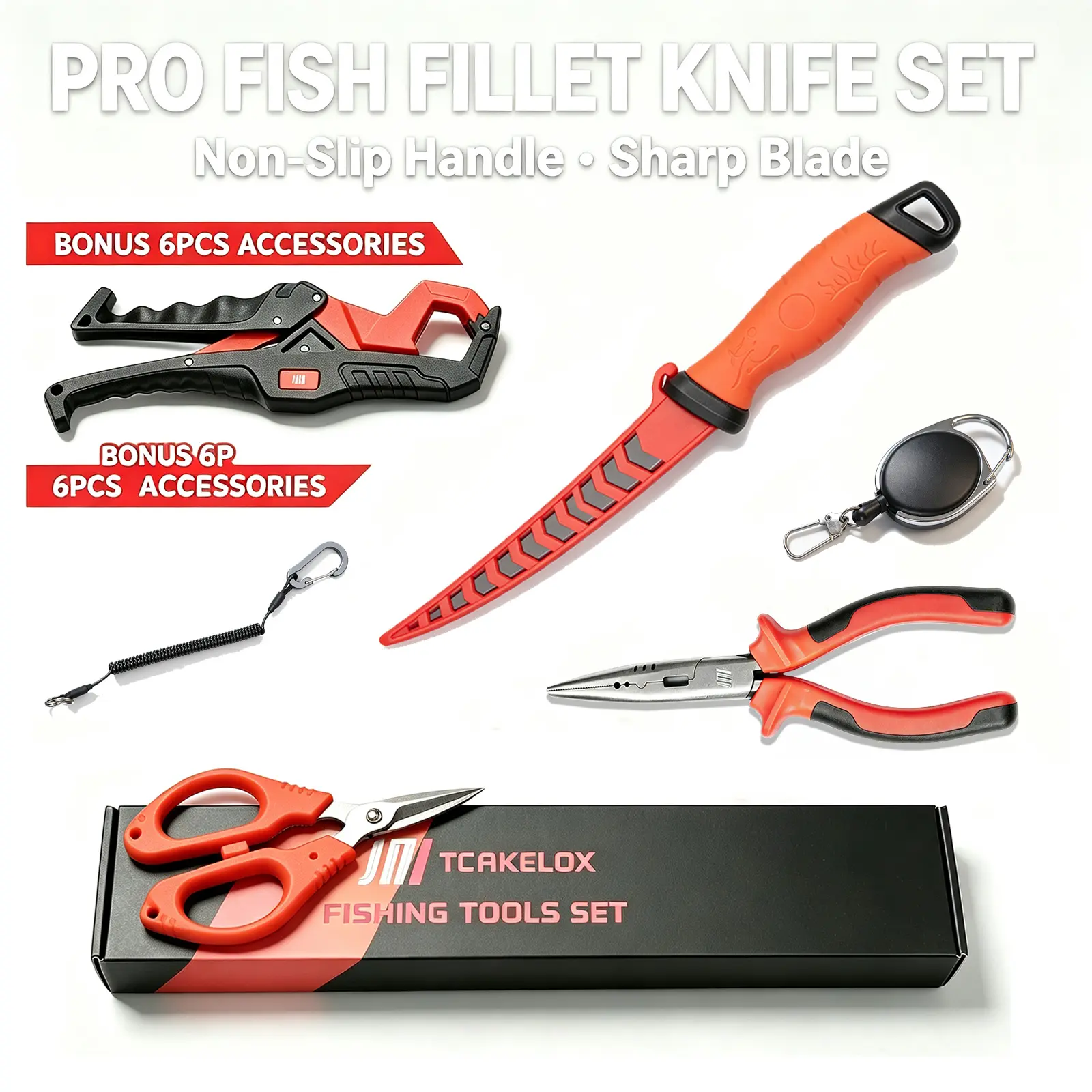 Tcakelox 6-Pieces Fishing Gear Kit - Durable Pliers with Lanyard, Fillet Knife, Floating Fish Lip Gripper, Braid Scissors, Retractable Clip Tool Retractor, Gift for Men