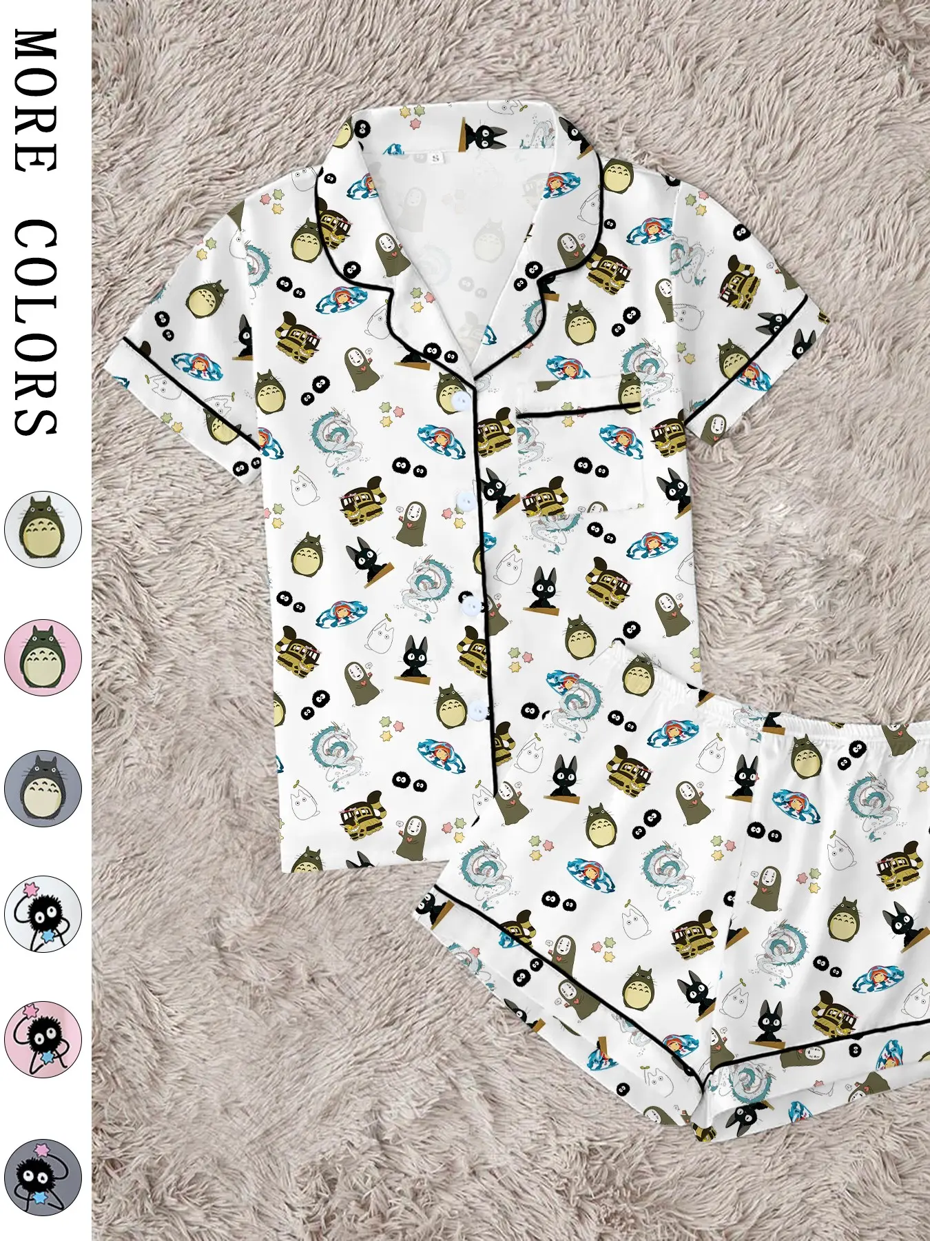 Healing Forest Spirit, Coastal Girl & Fish, Magical Girl & Black Cat, Women's Collared Pajama Set Prints, Comfortable Two-Piece Sleepwear, Short Sleeve Button-Up Top & Elastic Shorts, Casual Home Wear, Party Gift, Home Wear Loungewear