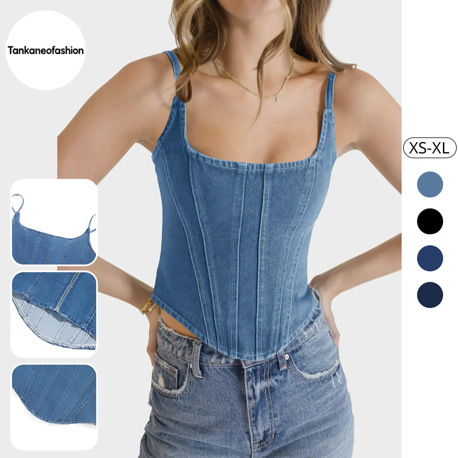Womens Sleeveless Denim Vest Crop Tank Tops Spaghetti Straps Slim Fit Summer Cami Top