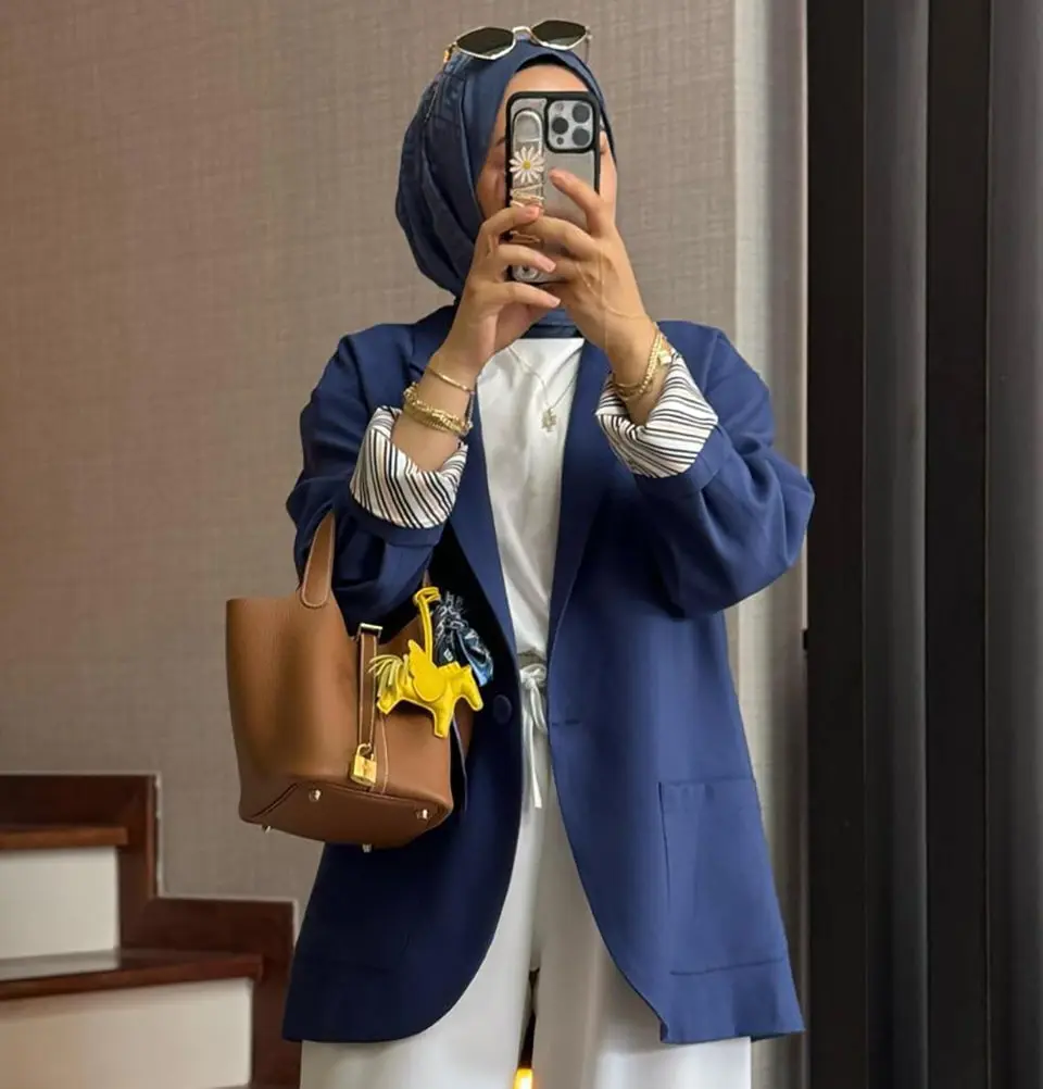 Muslim Women's Cotton-Blend Oversized Twill Blazer - Indigo