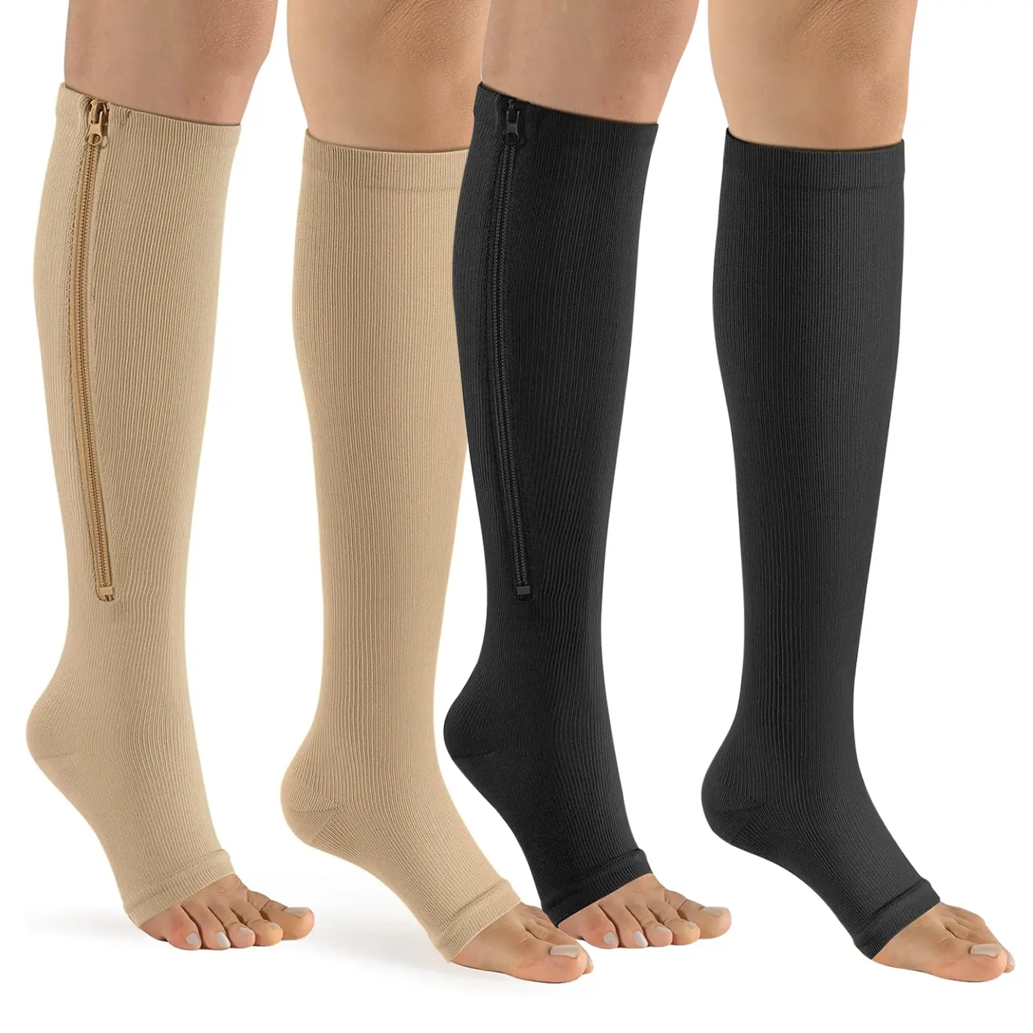 15-20mmHg Zipper Compression Socks Women & Men - 2Pairs Calf Knee High Open Toe Compression Stocking suit for Walking Athletic Cycling