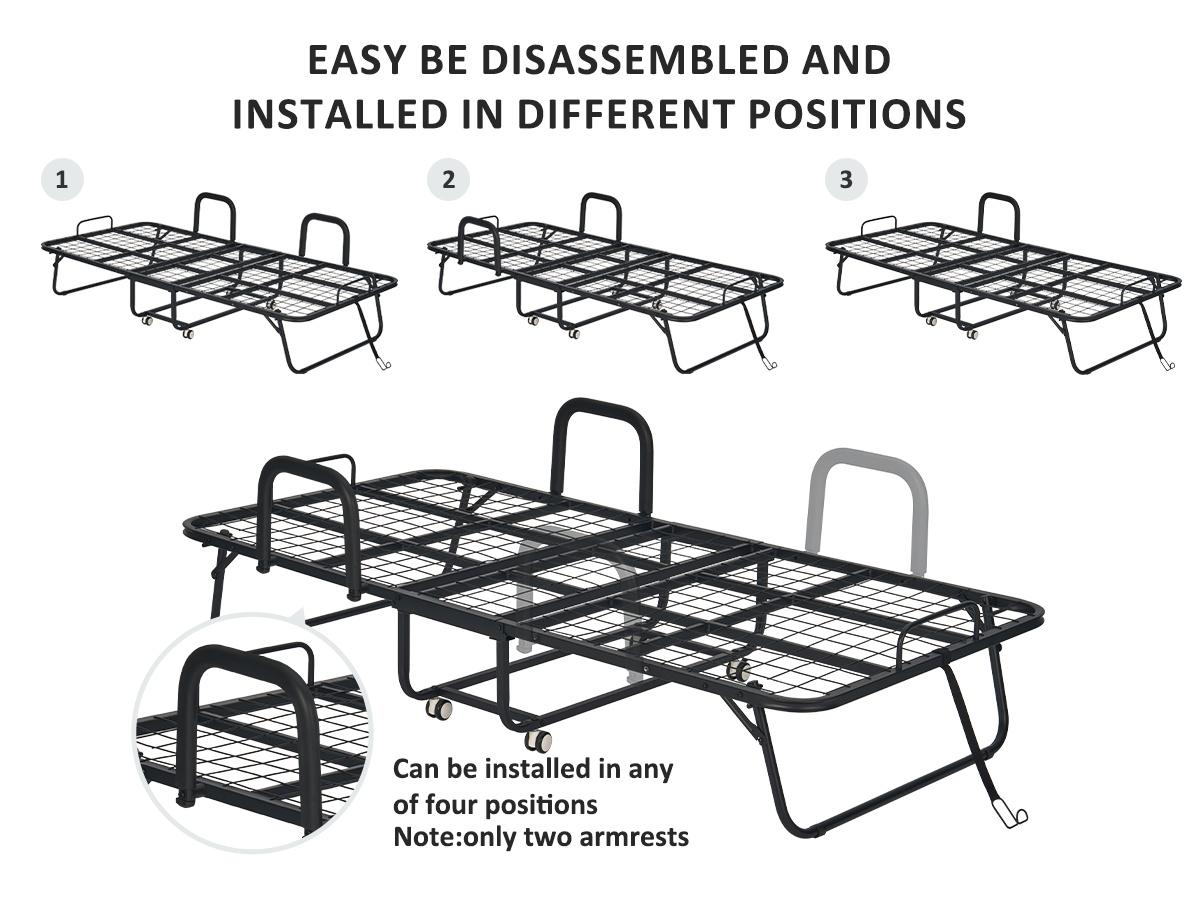 Folding Bed with Mattress, Twin Size Bed Frame, Portable Roll Away Bed with Memory Foam Mattress for Adults, Single Bed with 2 Armrests, 4 Wheels, Bed Side Pocket and Dust Cover