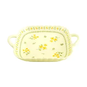 Golden Lion Japanese Style Ceramic Square Plate - "Spring Meadow" Yellow Glaze, Lotus Design, 9.25 Inch Serving Dish