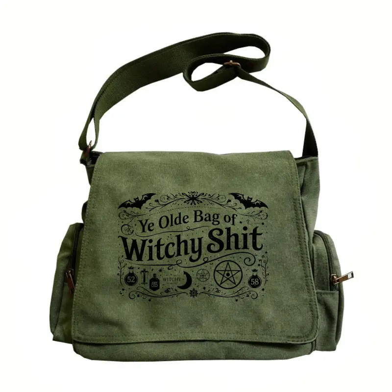 Large-capacity women's messenger bag, made of canvas material, ideal for work, shopping, school, and travel. Featuring an exquisite design of a bat-themed witch, making it an excellent gift choice for witch theme enthusiasts, Bags For Women, Shoulder Bag
