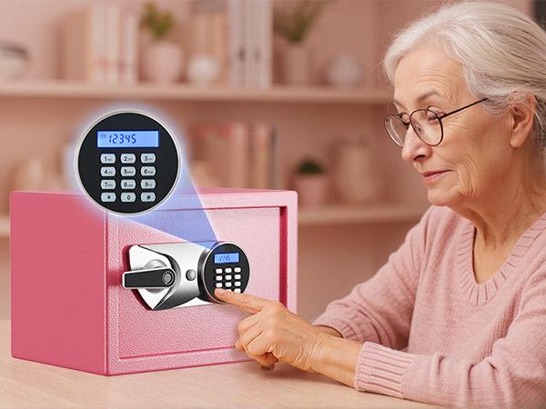 BlackSmith Home Biometric Safe 1.0 Cub Quick Access Fingerprint Lock Box With Keys Keypad Wall Mount Cabinet Safe Secure Money Jewelry with Fireproof Bag Mute Mode LED Light, Pink