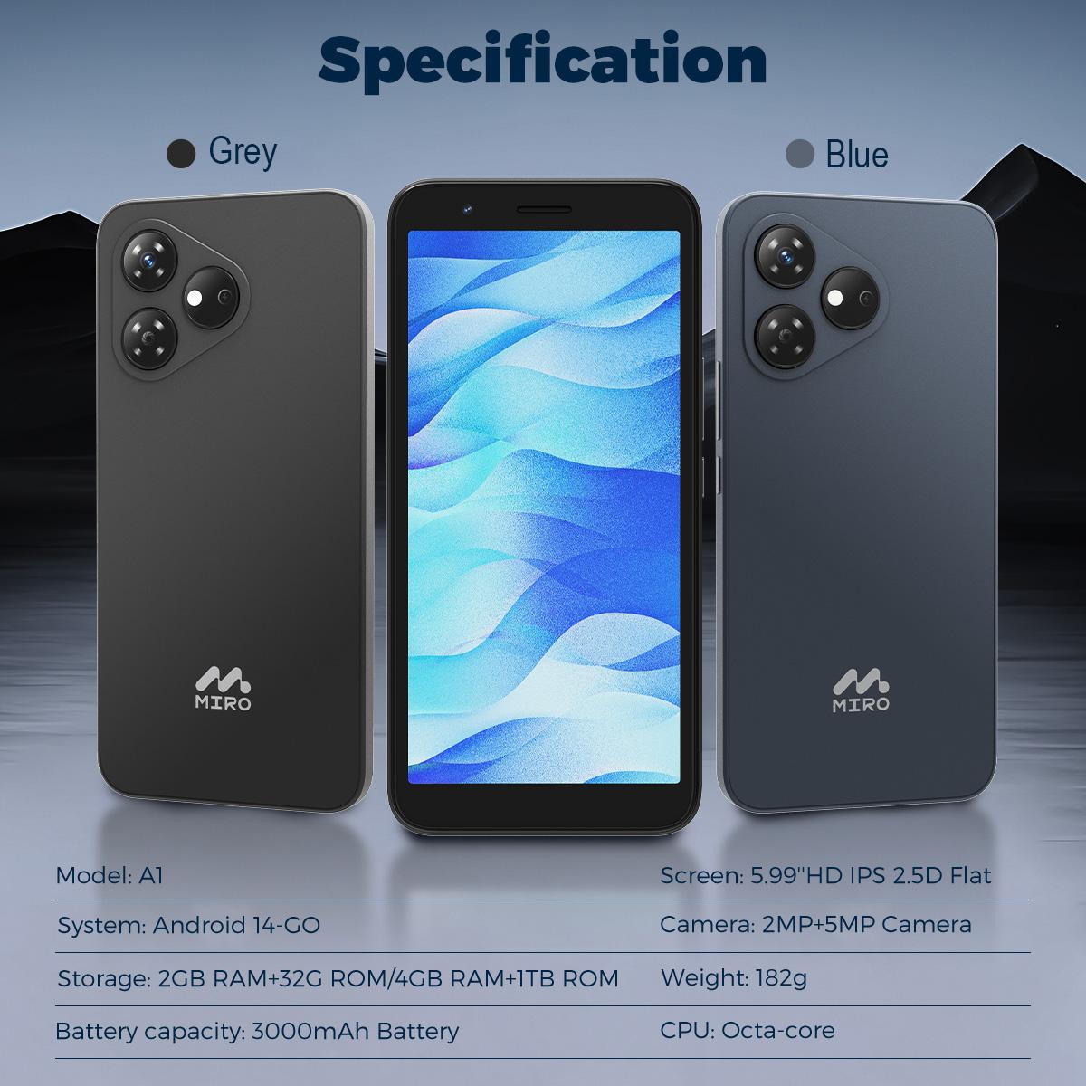MIRO A1 Smartphone Unlocked GPS-Enabled Octa-core Android 14 4(2+2)GB RAM 32GB Expandable up to 1TB 4G Dual SIM 5.99'' HD 2.5D Display Cellphone MIRO A1 Smartphone Unlocked GPS-Enabled Octa-core Android 14 4(2+2)GB RAM 32GB Expandable up to 1TB 4G Dual SIM 5.99'' HD 2.5D Display Cellphone