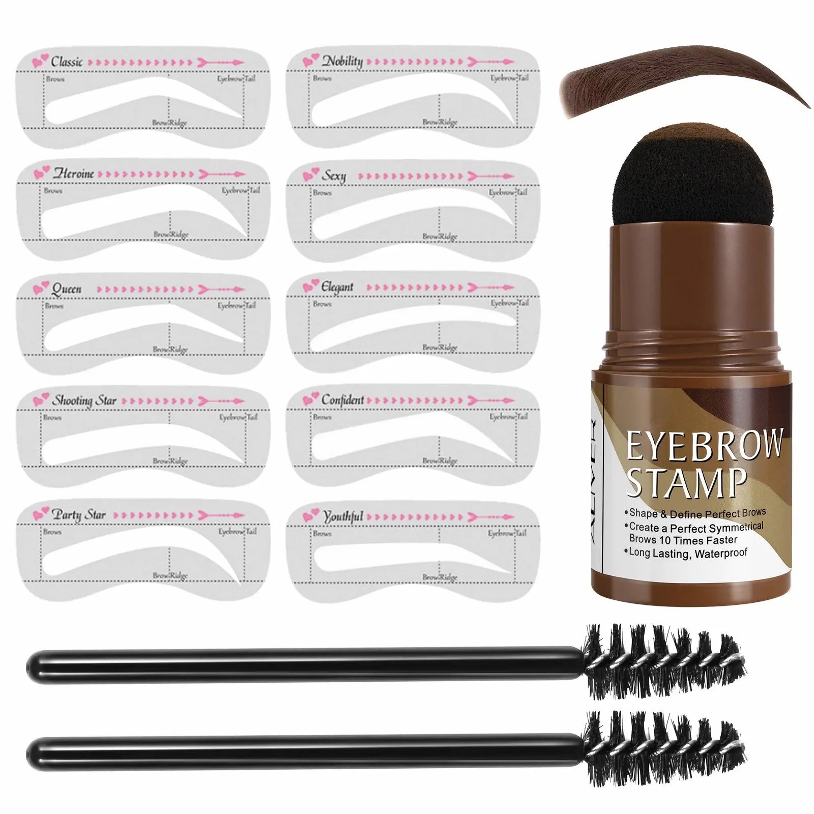 Aliver Eyebrow Stamp Stencil Kit for10 Styles Reusable Eyebrow Stencils, 2 Eyebrow Pen Brushes, Long Lasting &Waterproof(Black/Dark Gray/Dark Brown/Medium Brown) Makeup Cosmetic