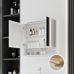 32-Inch Modern Wall Mount LED Ring Light Up Bathroom Mirror Cabinet, Anti-Fog Dimmable Touch Control, Open Recessed Storage Nook, Soft Close Double Doors, Moisture Resistant Solid Plywood Medicine Vanity for Shower, Powder Room, Wall Mirror