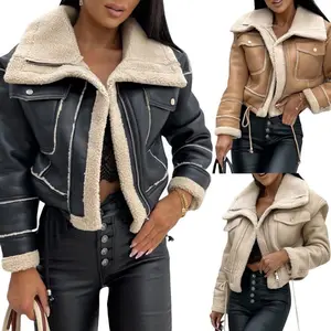 Women PU Patchwork Warm Plush Jacket Fashion Winter Long Sleeve Zipper Short Coats Streetwear with Pockets Outwear
