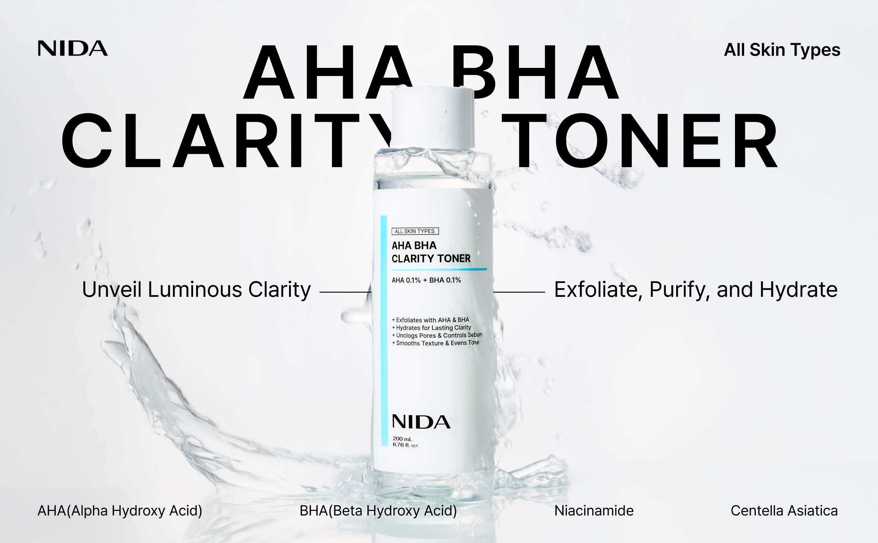 NIDA AHA BHA Clarity Toner Daily Exfoliant Skincare Soothing