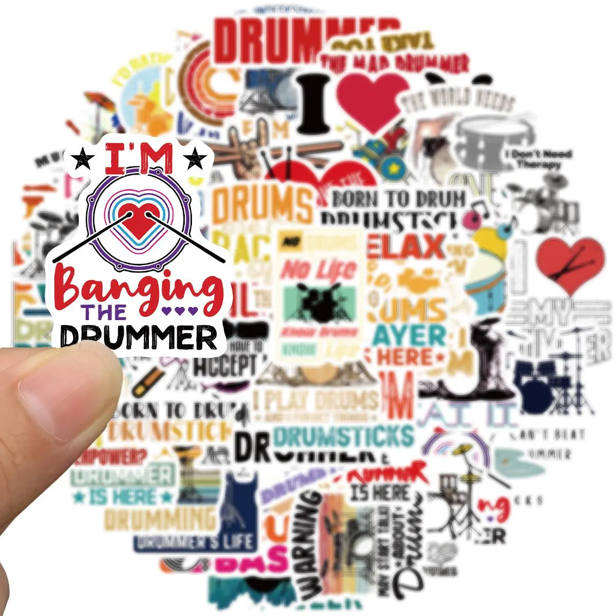 Drum Stickers, 50pcs Music Stickers, Cool Drummer Sticker for Water Bottle, Laptop, Skateboard, Bike, Phone, Computer, Travel Case, Screen Protector