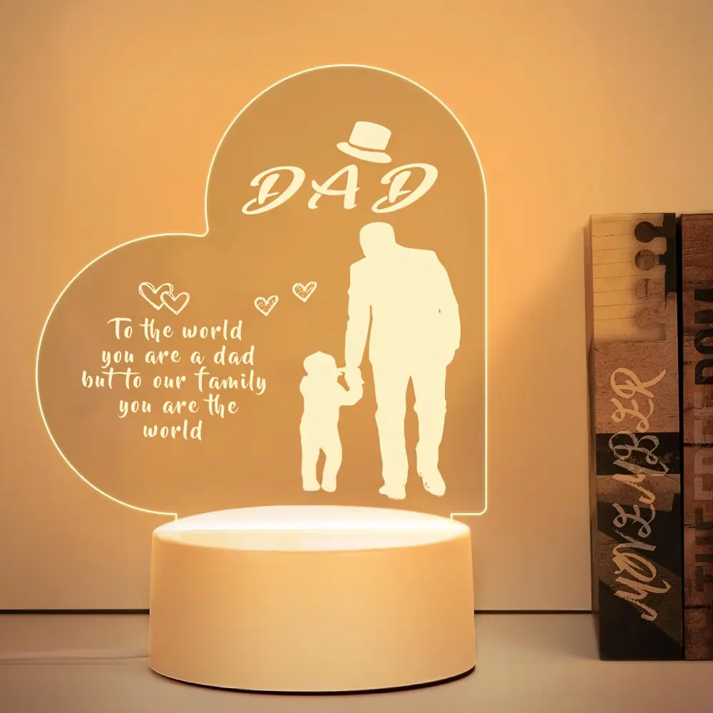 Dad Memorial Heart-Engraved Acrylic Night Light, USB-Powered Bedroom Decor Lamp with "To The World You Are A Dad" Message, Home Decor Light for Glow for Loss Bereavement Gift & Table Decoration Lamp