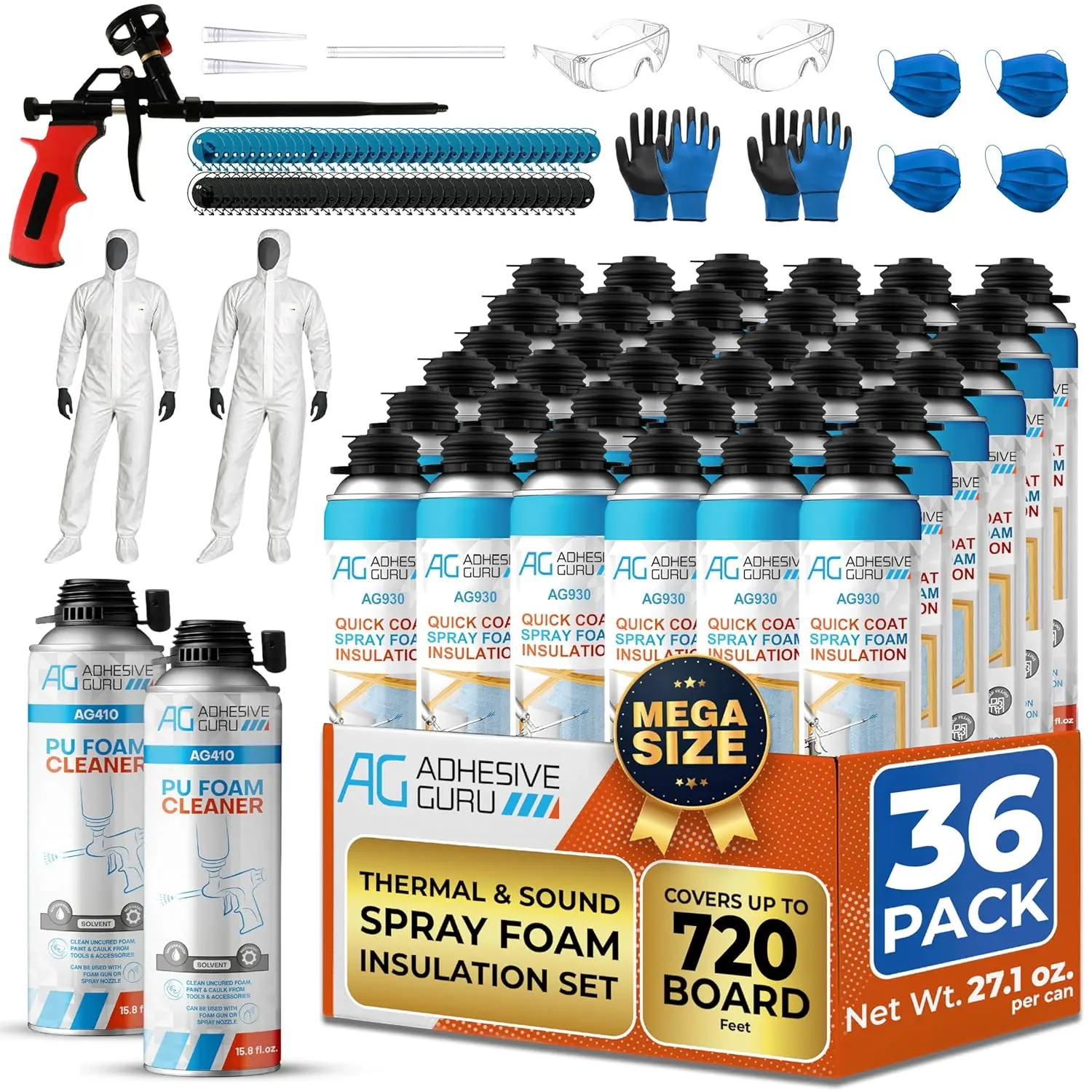 ADHESIVE GURU AG930S Closed Cell Polyurethane Insulation Spray Foam Set, Kit for Walls with Foam Cleaner