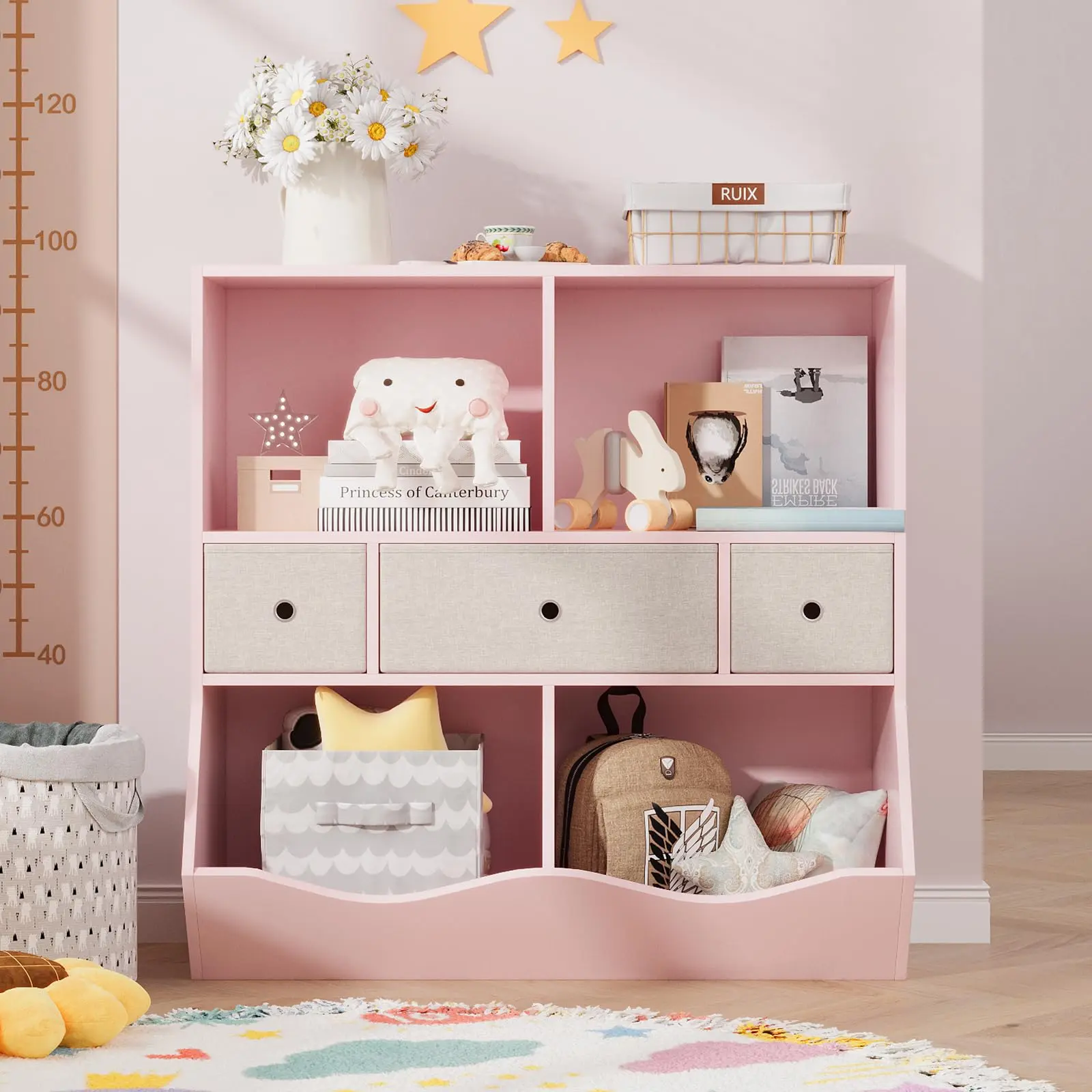 3-Tier Bookshelf with Toy Storage Organizer - Wooden Bookcase Featuring 3 Drawers & Large Cabinet for Playroom, Hallway, Kindergarten, School (pink)