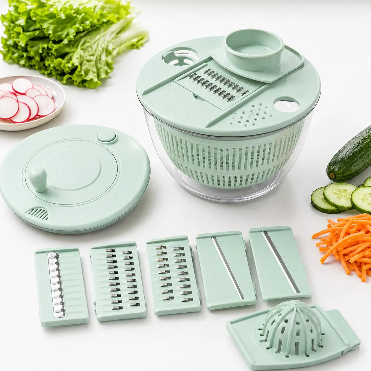 Large Capacity Salad Spinner Bowl, 5.3 QT Vegetable and Fruit Washer with Strainer, Multifunctional Kitchen Gadget Set with Slicer Blades, Lettuce Dryer and Salad Maker Tool for Home Cooking