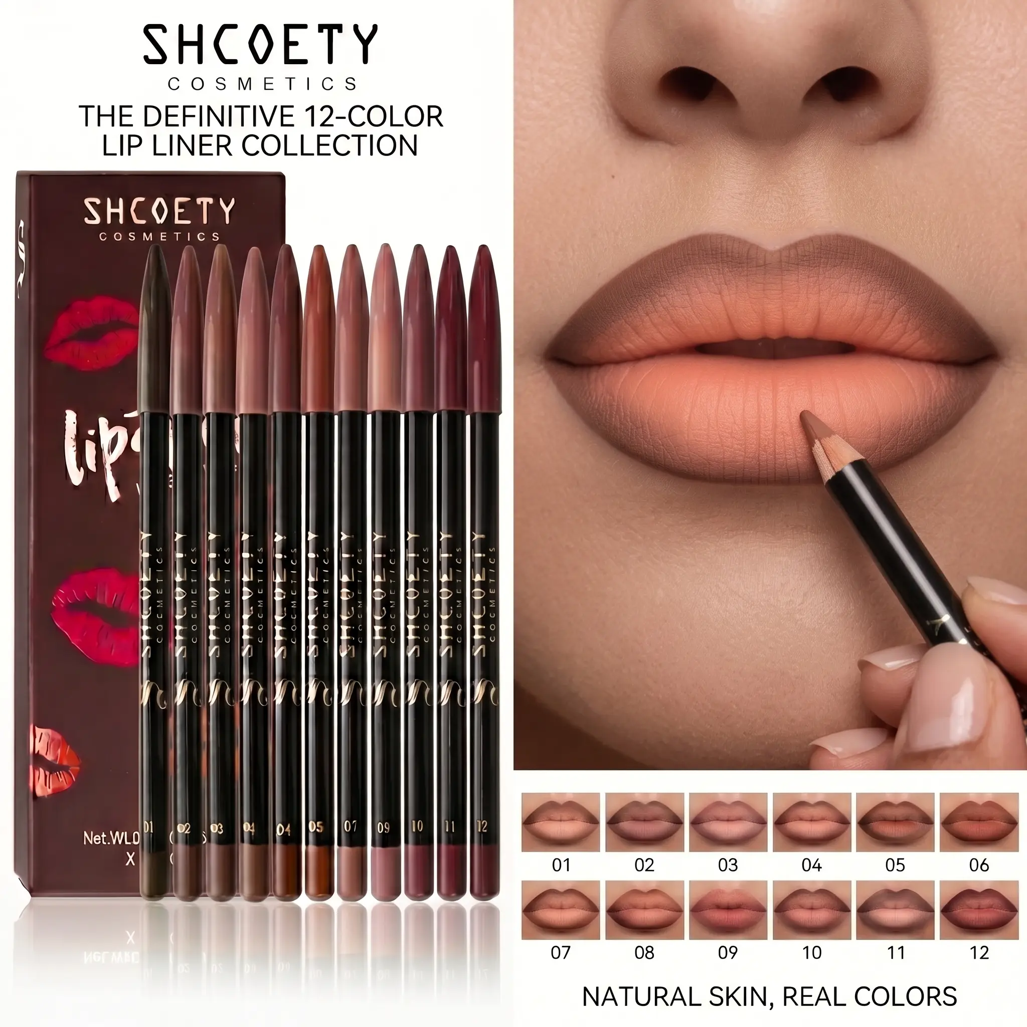 12-Shade Precision Ombré Lip Liner Set Waterproof Smudge-Proof Transfer-Proof Ultra Creamy Matte Lip Pencil Pack with Shade Formula Guide - 3D Plumping Lip Contour Combo for Dark Skin & All Skin Tones - Nude Mauve Brown makeup gift
