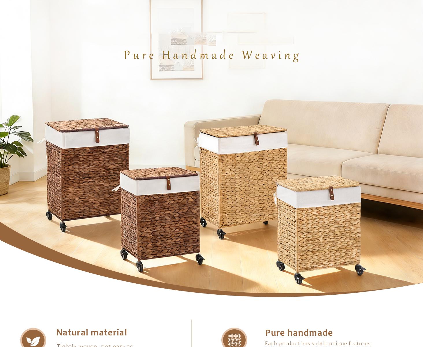 Handwoven Laundry Hamper with Wheels, Natural Water Hyacinth Rolling Laundry Basket with Lid and Removable Liner