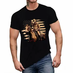Men's Cowboy On Horse Print T-Shirt - Casual Summer Short Sleeve Round Neck Knit Tee - Breathable Fabric Made In USA