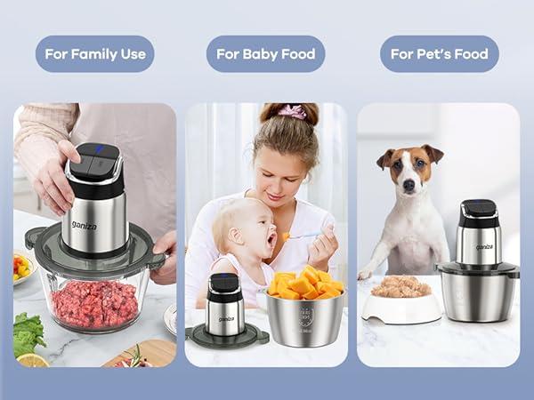 Ganiza Food Processor with 8 Cup Glass Bowls & 8 Cup Stainless Steel 2-Speed Food Chopper Meat Grinder  Upgraded Button & Smart Overheat Protection Light - Includes Clean Brush 2 Sets of Blades