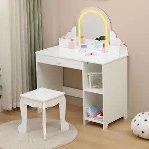 Children's Lighted Dressing Table Set with LED Mirror,2 in 1 Little Girls Vanity Table & Stool,Makeup Desk with Drawers and Open Shelves,Kids Vanity and Study Desk for Bedroom Playroom,White