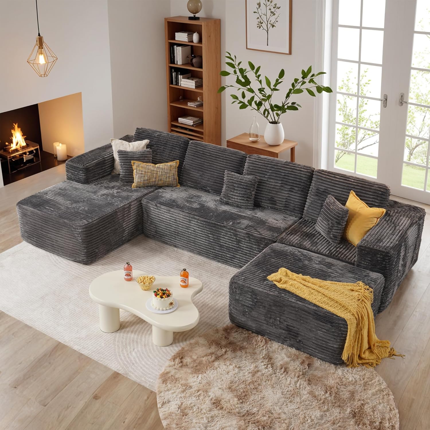133" U Shape Cloud Couch Plus Sectional Sofa with Chaise Modern Modular Sofa with 7 Soft Pillows & Lounge Chairs Boneless Upholstered Couches for Living Room Bedroom Plush Corduroy Fabric U-Shaped Bed