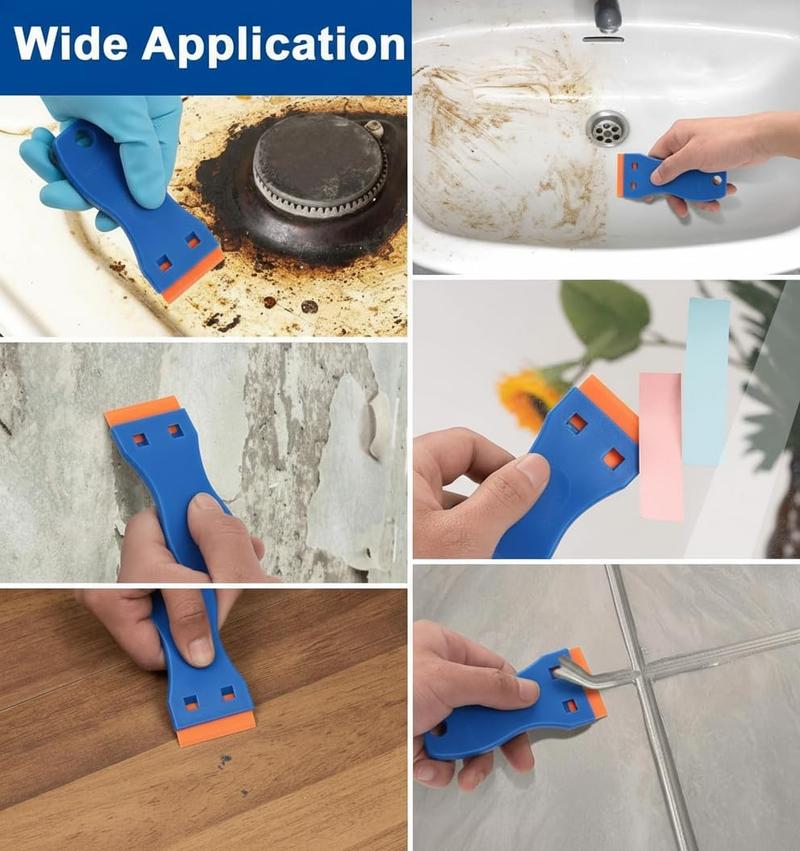 VAYWET Plastic Razor Blade Scraper Tool 2 Scrapers 120PCS Plastic Blades No Scratches Multifunctional Cleaning Shovel Ceramic Hob Scraper for Cleaning Window Glass Floor Door Sticky Residue Tile Wallpaper Decals Labels Caulk Adhesive Paint Glue Removal