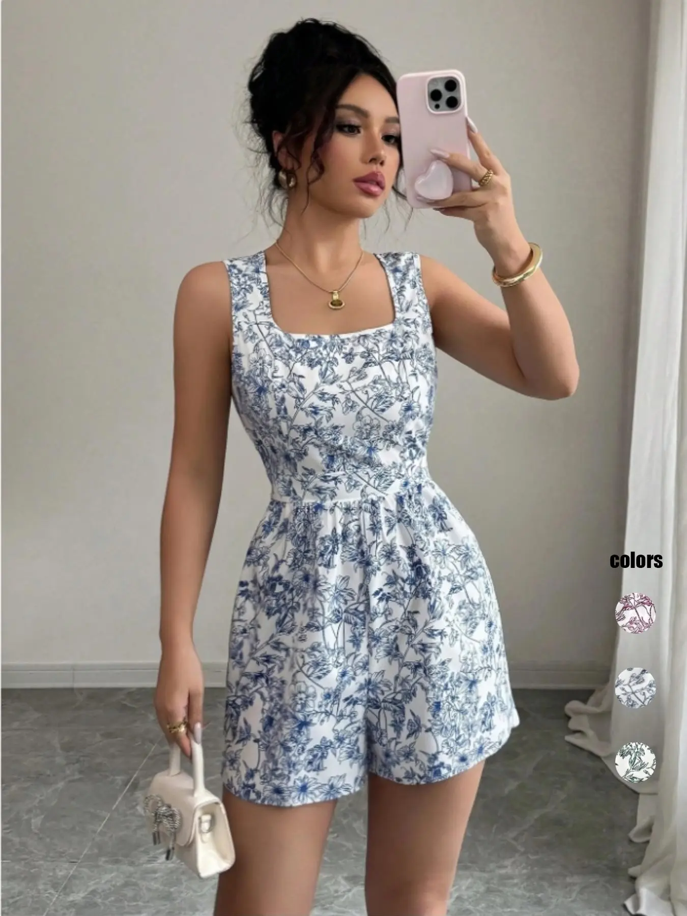 Women's Sleeveless Square-Neck Backless Floral Print Romper, Boho Casual Hippie Chic Summer Style, Fitted Beachwear, Perfect for Vacation & Daily Wear, Womenswear