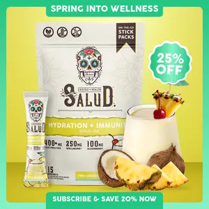 Salud 2-in-1 [Hydration & Immunity - Piña Colada] Electrolytes Powder, Agua Fresca Drink Mix, Elderberry, Dairy & Soy Free, Non-GMO, Gluten Free, Vegan, Low Calorie, 1g Sugar (15 Servings), Spring Glow Up
