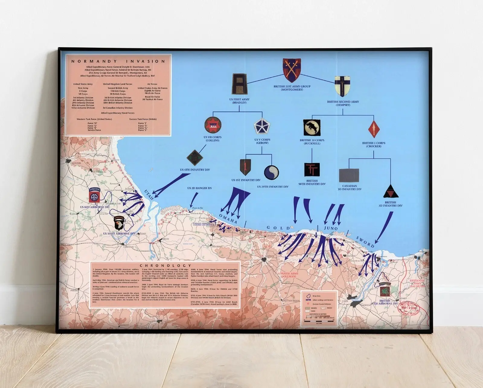 1944 War Map D-Day 6th of June Normandy Military WWII History Wall Poster Unframe Dday