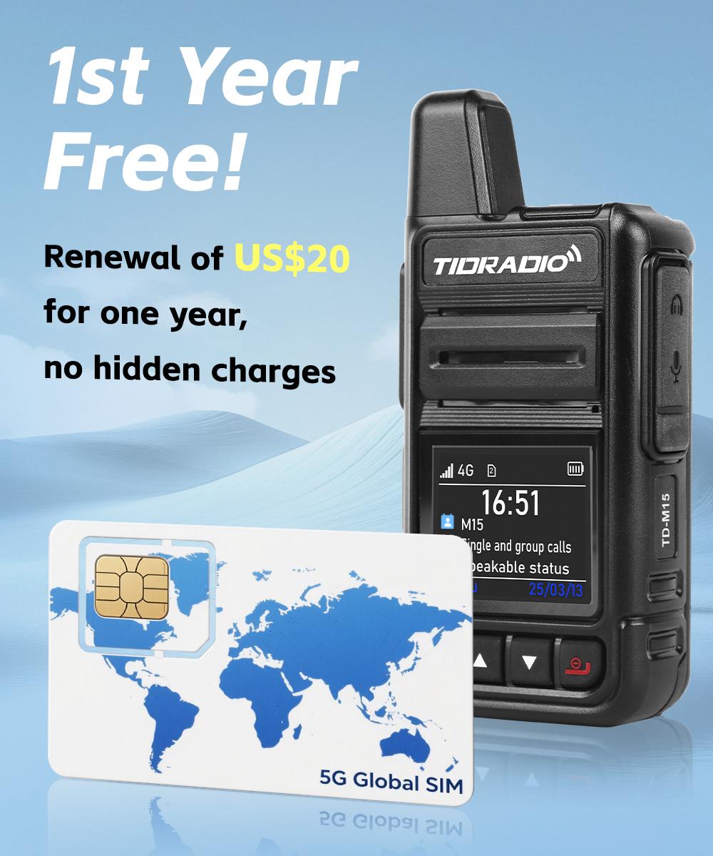 TIDRADIO TD-M15 Global POC Radio with 1 Year SIM Card Walkie Talkie Long Range 4G Network 2 Way Radio 5000 KM for Hiking and Camping 3000mAh Battery Clear Audio 4G Signal