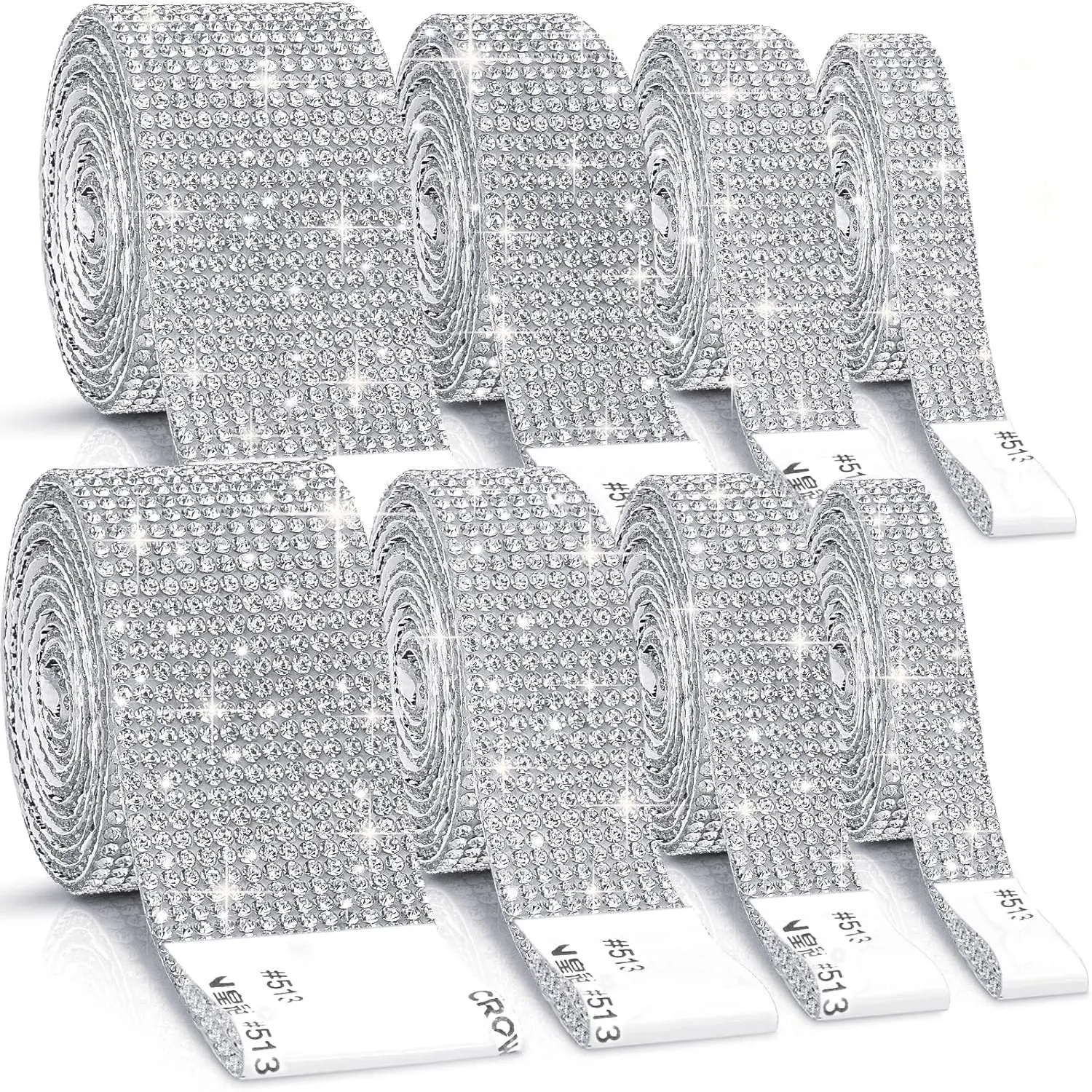 8-Roll Self-Adhesive Multi-Size Crystal Rhinestones Silver Bling Ribbon Set (0.4/0.6/0.7/1.2 in) - Home Improvement Wall Trim Wallpaper Supply for DIY Home Projects, Cake Decor, Laptops, Smooth Surfaces