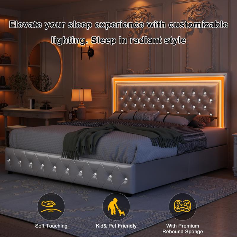 GEGOFORU Queen LED Smart Bed with RGB Lights, Adjustable Upholstered Headboard, App & Bluetooth Control, 4 Under-Bed Storage Drawers, Whisper-Quiet Design, PU / Velvet, No Box Spring Needed – White